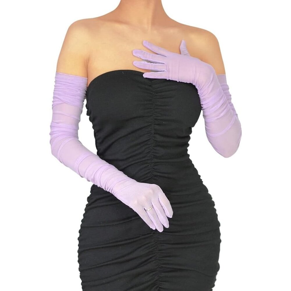Women's Lavender Sexy Tulle Sheer Mesh Long Satin Gloves Party Prom Costume